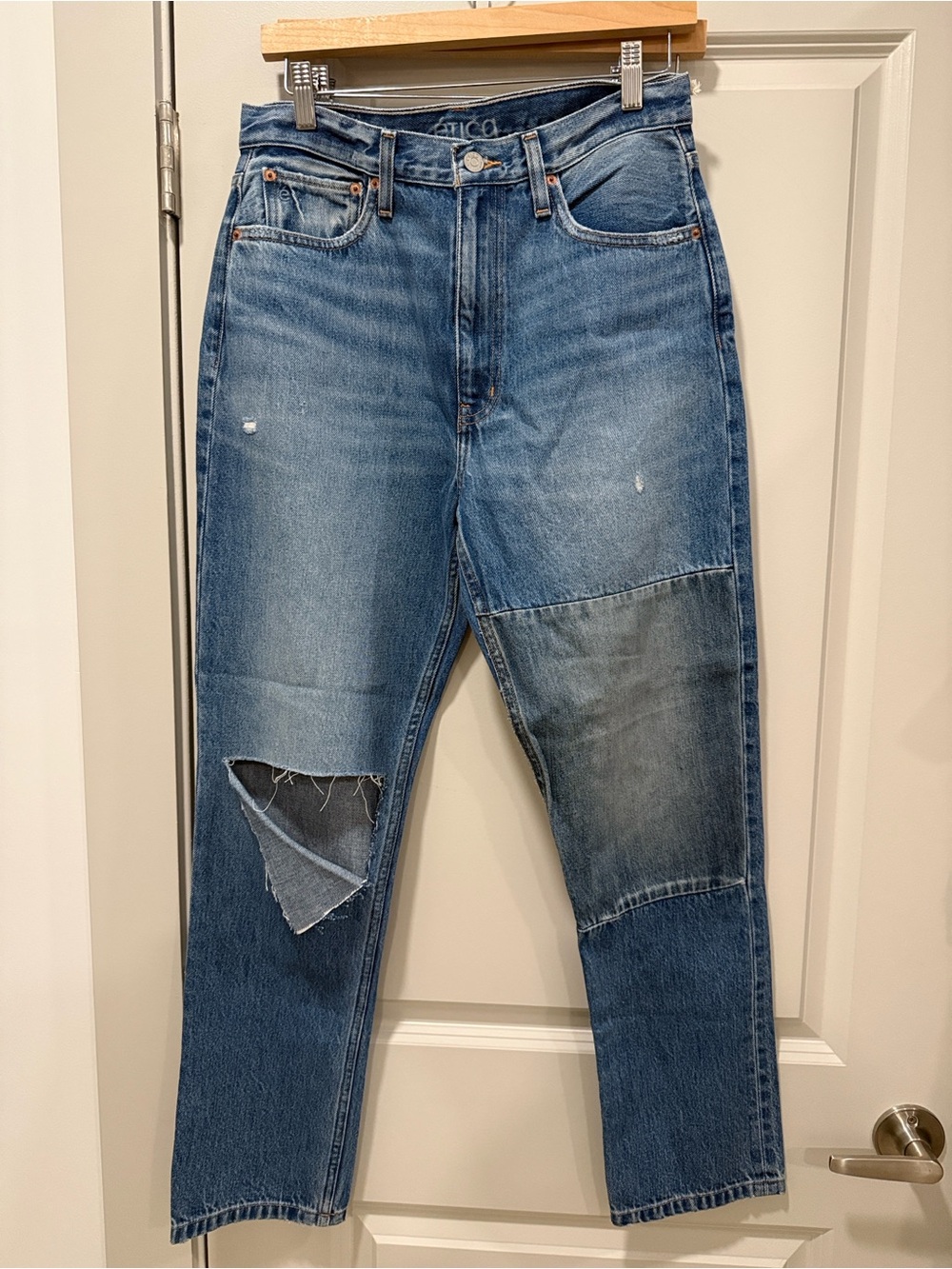Etica Women's Blue Straight-Leg Patchwork Jeans 28 NWT